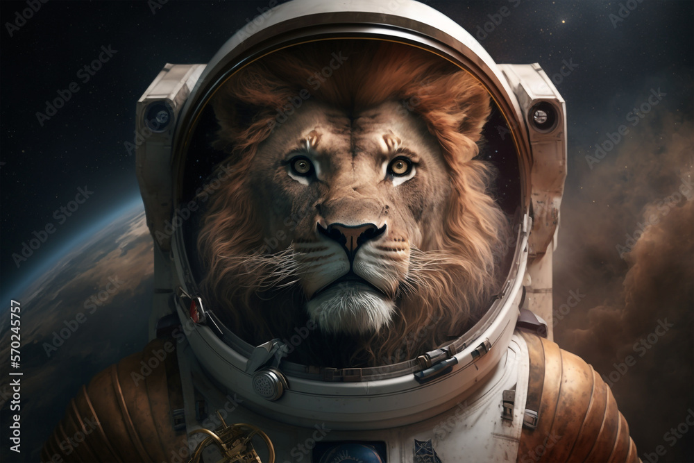 Portrait of a lion dressed in a astronaut suit. Generative ai