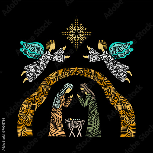 Doodle illustration. The Nativity scene. Joseph and Mary with the baby Jesus. Angels point to the star of Bethlehem.