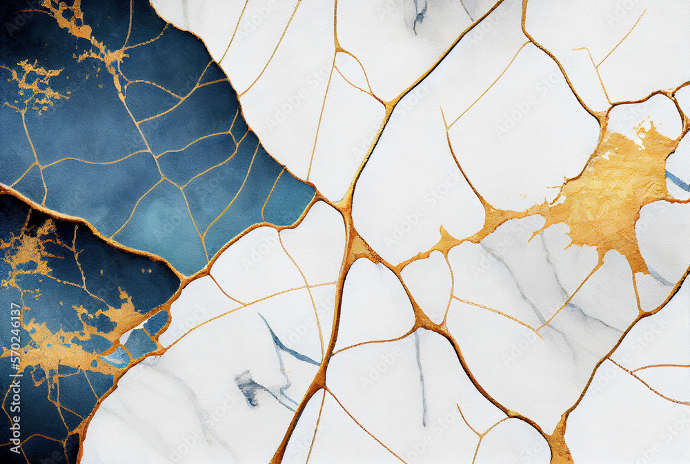 Blue and gold veins of Kintsugi or kintsukuroi abstract background ...