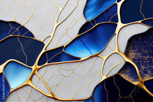Blue and gold veins of Kintsugi or kintsukuroi abstract background, imitation of watercolor painting created with Generative AI technology
