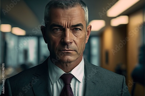 Front view of a mature businessman with formal suit looking at camera in the Office. Generative AI