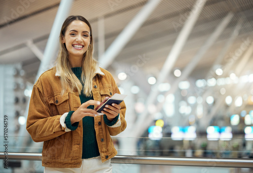 Portrait, passport and woman with phone in airport for social media, internet browsing or texting. Travel, immigration and happy female from Canada with smartphone and ticket for global traveling. #570246759