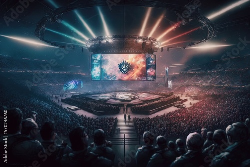 An esport event with a lot of people in a stadium with neon. Lots of gamers watching the tournament  live in the big screens. Generative IA	