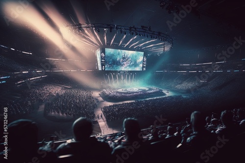 An esport event with a lot of people in a stadium with neon. Lots of gamers watching the tournament  live in the big screens. Generative IA	