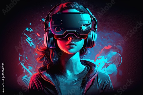 A young woman gamer with virtual reality glasses in an esports event with neon. Generative AI	
