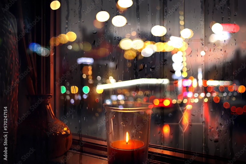  Rainy evening city view,car traffic light, from window people walk  , candle light reflection rain drops on glass urban,generated ai
