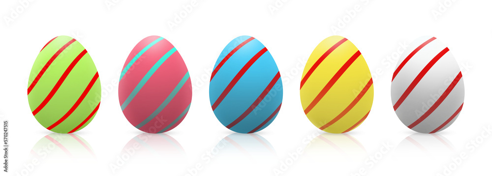 Row of colorful painted Easter eggs. Striped Easter eggs. Five Easter eggs with stripes isolated illustration on transparent background. PNG.