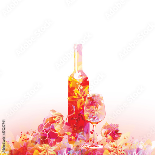 Beautiful wine glass with bottle, grapes and grapevine leaf. Floral aroma alcoholic beverage, liquor for celebrations and special occasions. Vino fairs and degustation events. Vector illustration