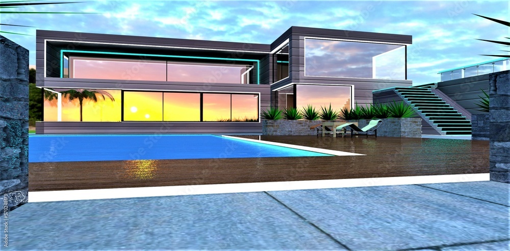 Awesome sunset reflected in mirrored windows of the upscale private country dwelling with pool. Suitable illustration for young designers of contemporary real estate exteriors. 3d rendering.
