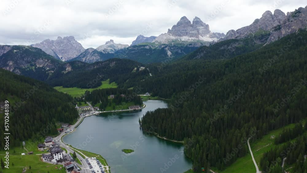 Lush Green Forest, Mountain Range From Lake Misurina In Italy. - aerial Lush Green Forest, Mountain Range From Lake Misurina In Italy. - aerial