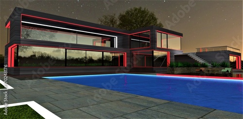 Cozy pool side at night under the starry sky. Modern middle class cottage with scarlet illumination of the window frames. 3d rendering.