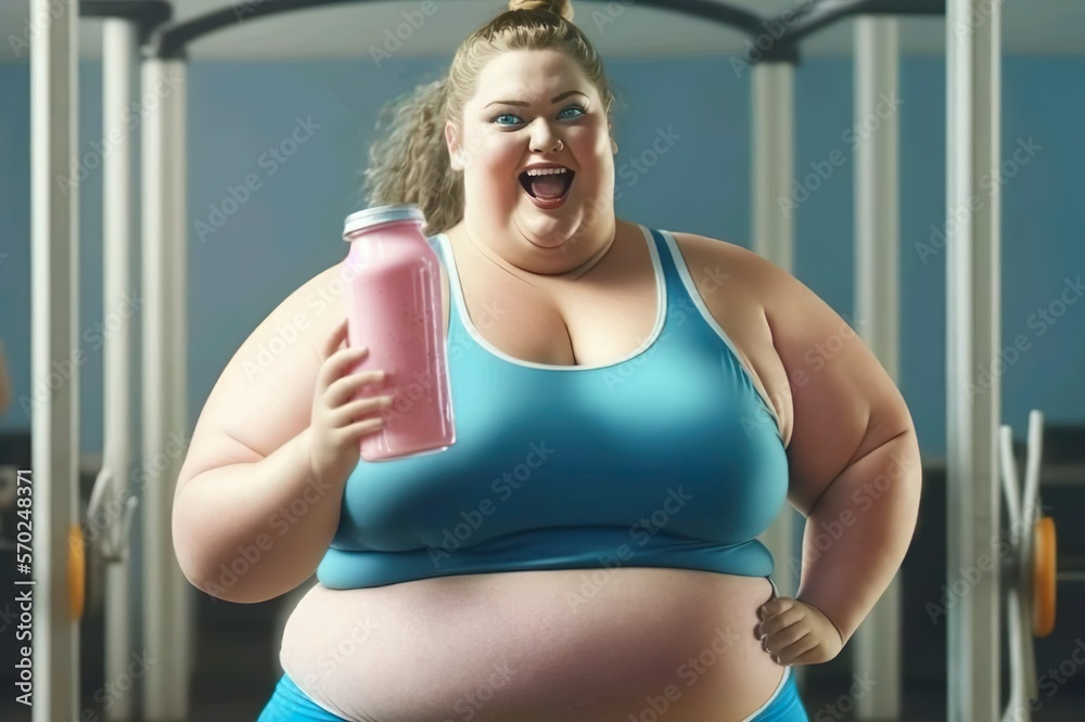 A Fat Girl Is Training With A Drink In Her Hands Fitness In The Gym A Fat Girl Is Training With A Drink In Her Hands Fitness In The Gym