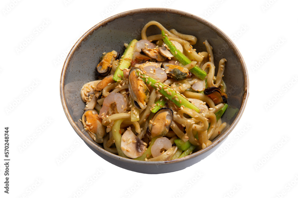 Noodles with seafood in a bowl. Transparent. Noodles with seafood in a bowl. Transparent.