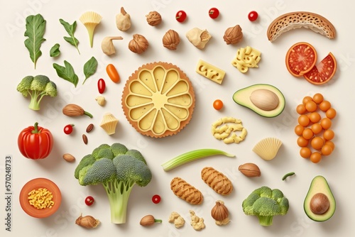 Creative layout made of walnuts, cashew, avocado, tomato, broccoli, bread, pasta, pepper, curcuma, rice and garlic on white background. Flat lay. Food concept. Macro concept. Generative AI