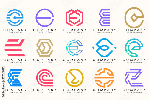 Abstract logos mega collection with letters E. Geometrical abstract logos