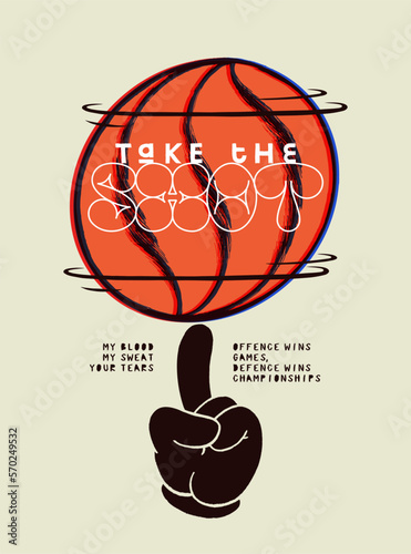 Ball spinning on the cartoon finger. Take the shot. Basketball typography silkscreen t-shirt print vector illustration.