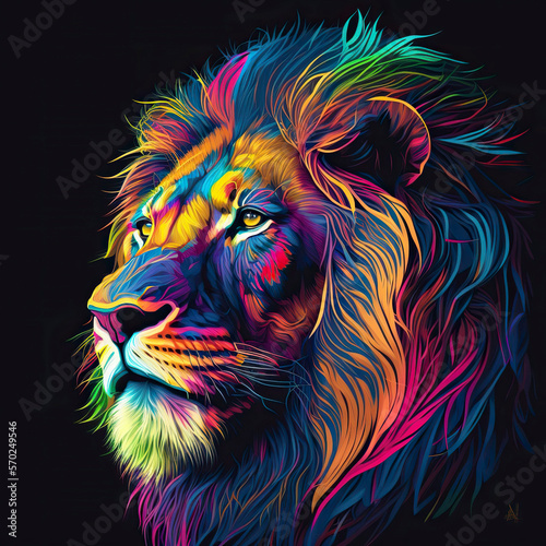 Lion portrait in rainbow colors. Generative AI. © YULIYA