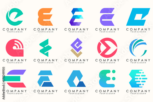 Abstract logos mega collection with letters E. Geometrical abstract logos photo