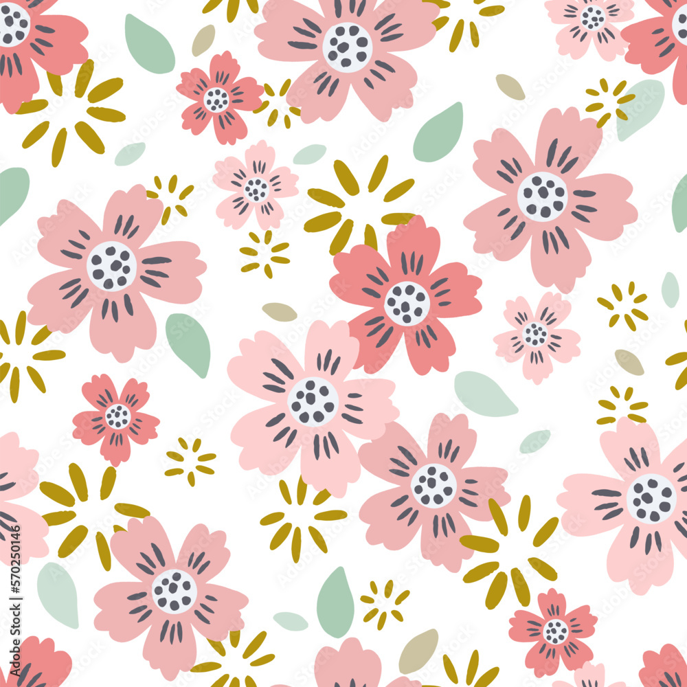 Soft Summer Florals on White Background Vector Seamless Pattern