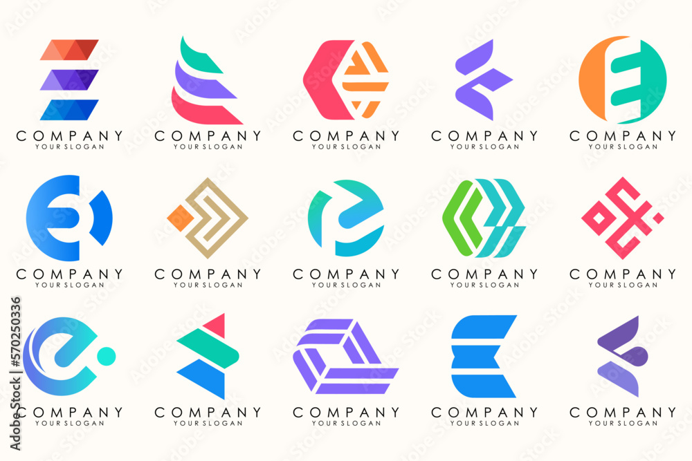 Abstract logos mega collection with letters E. Geometrical abstract logos