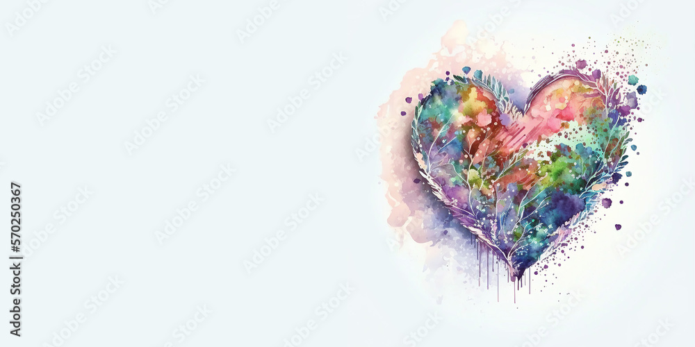 One big colorful heart on light blue background. Watercolor style drawing. Banner with place for text. Valentine's Day greeting card. Generative AI.