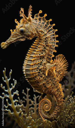 Golden cute seahorse fins, macro. Generative AI.