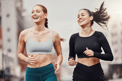 City fitness, friends and happy running for wellness, energy and outdoor exercise. Sports, healthy women and runner athletes training for cardio workout in urban street with freedom, power and smile