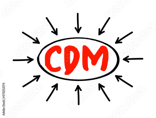 CDM Change and Data Management - helps solve business issues by aligning both people and processes to strategic initiatives, acronym text concept with arrows photo