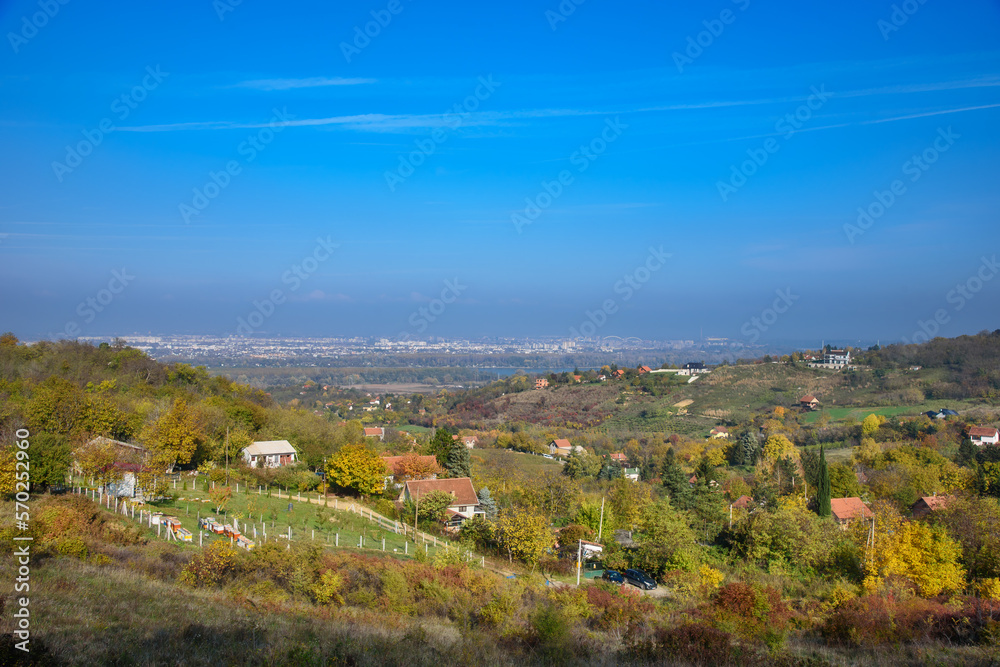 View of Novi Sad from the mountain Fruska Gora. Panorama of Novi Sad
