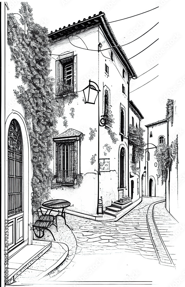 Italy. Street in Roma - sketch illustration for coloring book.