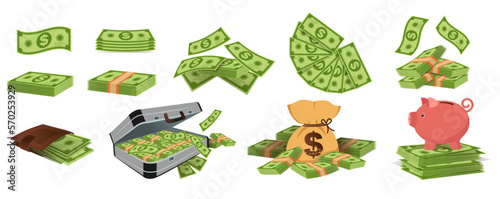 Cartoon banknotes. Cash dollar, money finance