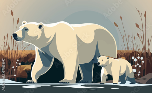 The white bear and her cub bear walks through the snow. Mother and child. The glacier, snow-covered plains. Starry night in the North. Landscapes of the Arctic. Vector illustration