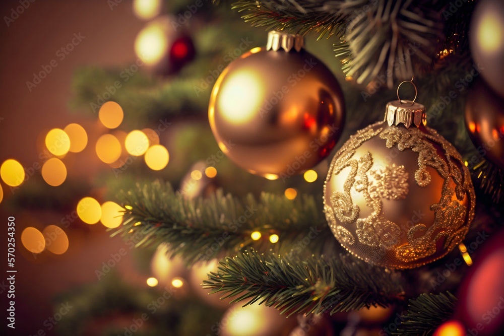 Christmas Tree with Baubles Ball Toys And Blurred Shiny Lights on Background. Generative AI