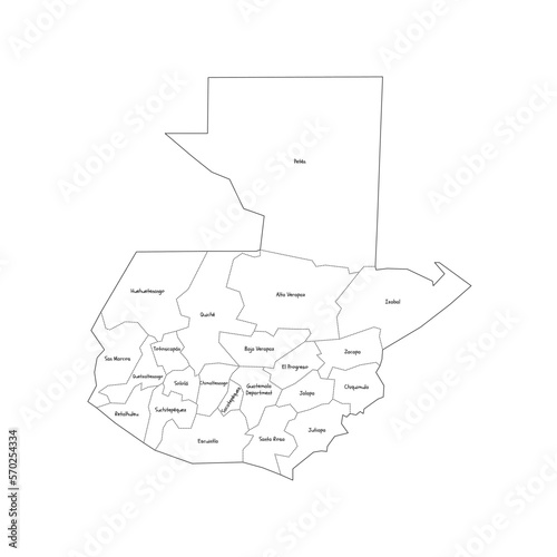 Guatemala political map of administrative divisions - departments. Handdrawn doodle style map with black outline borders and name labels.