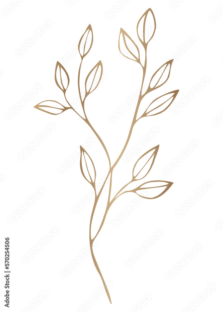 Golden leaf branch. Botanical hand drawn decor for beauty, postcard, wedding invitation card Golden leaf branch. Botanical hand drawn decor for beauty, postcard, wedding invitation card