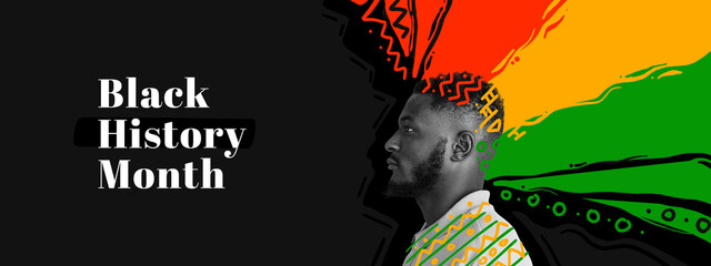 Racial equality. African-american man in red yellow green colors over black background with american flag. Black History Month. Banner, poster. Concept of human rights, freedom, history, dactivism.