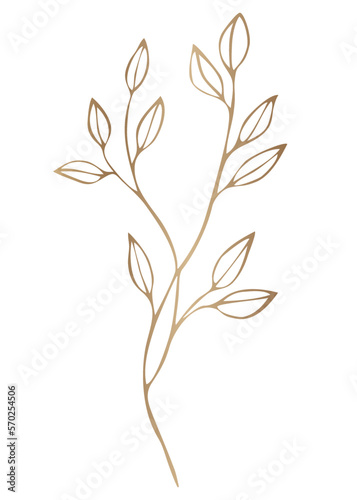 Golden leaf branch. Botanical hand drawn decor for beauty, postcard, wedding invitation card