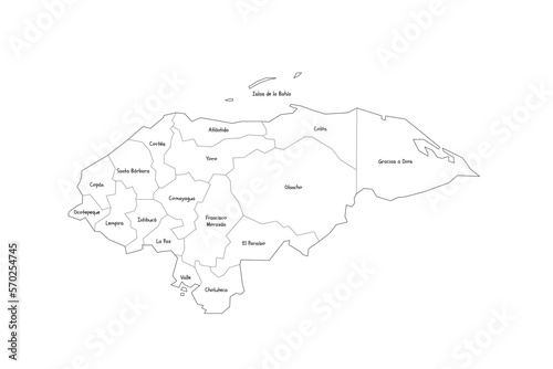 Honduras political map of administrative divisions - departments. Handdrawn doodle style map with black outline borders and name labels.