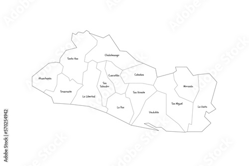 El Salvador political map of administrative divisions - departments. Handdrawn doodle style map with black outline borders and name labels.