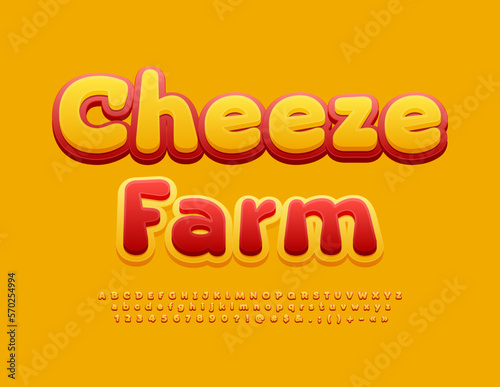 Vector creative banner Cheese Farm. Modern bright Font. Artistic Alphabet Letters and Numbers.