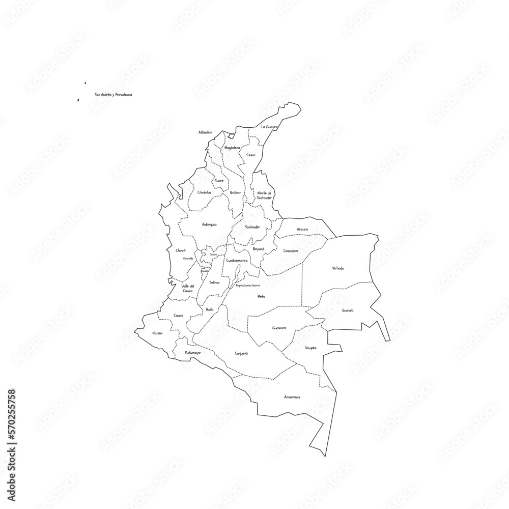 Fototapeta premium Colombia political map of administrative divisions - departments and capital district. Handdrawn doodle style map with black outline borders and name labels.