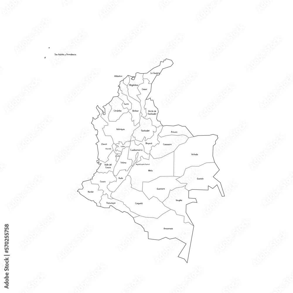 Colombia political map of administrative divisions - departments and capital district. Handdrawn doodle style map with black outline borders and name labels.