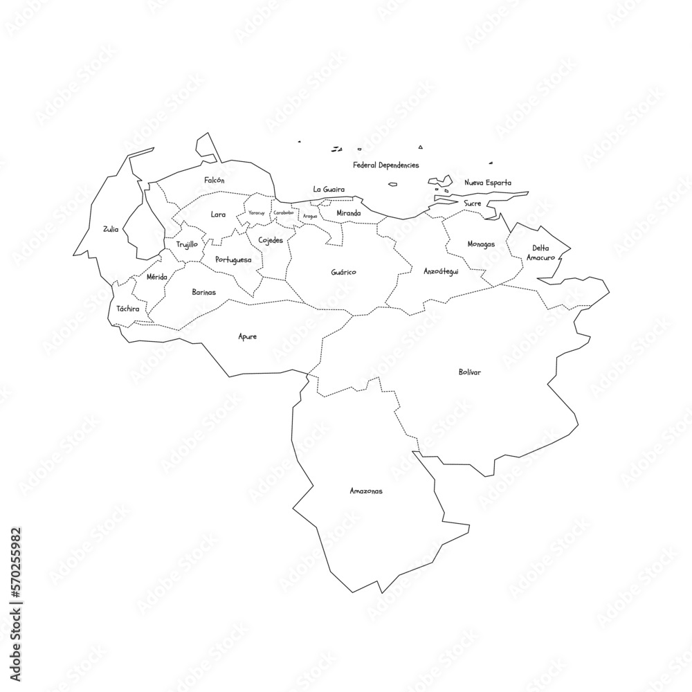 Venezuela political map of administrative divisions - states, capital district and federal dependencies. Handdrawn doodle style map with black outline borders and name labels.