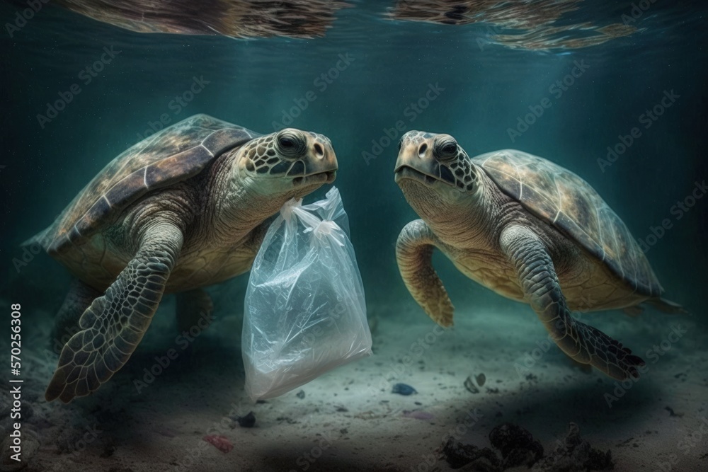 Obraz premium Turtles eating plastic bags due to ocean plastic pollution is an environmental issue. Generative AI