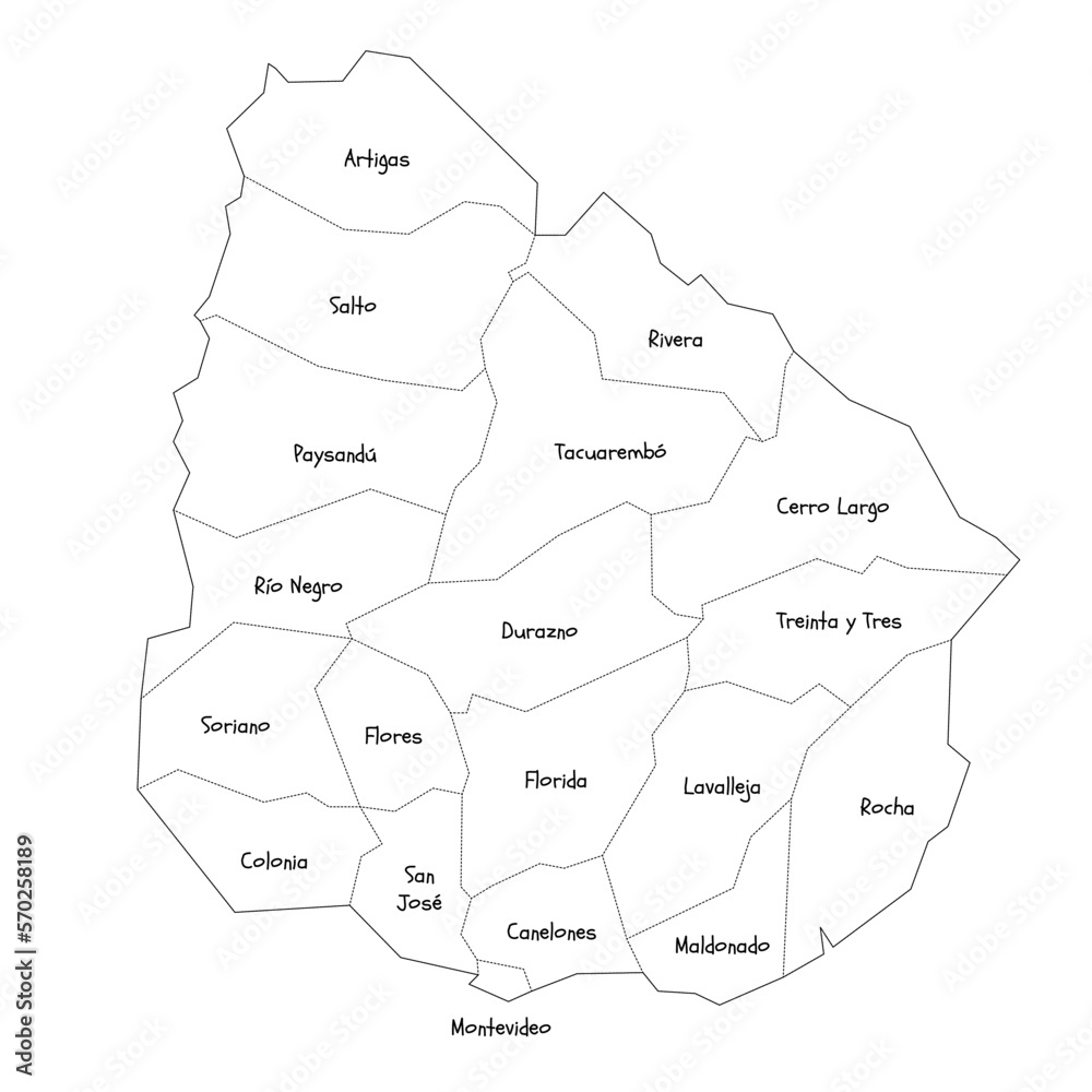 Uruguay political map of administrative divisions - departments. Handdrawn doodle style map with black outline borders and name labels.