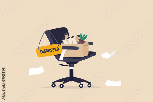 Dismissed staff, lay off or unemployed employee, losing job or being fired, retired staff, quit or resign from job position concept, office chair with package and dismissal sign.