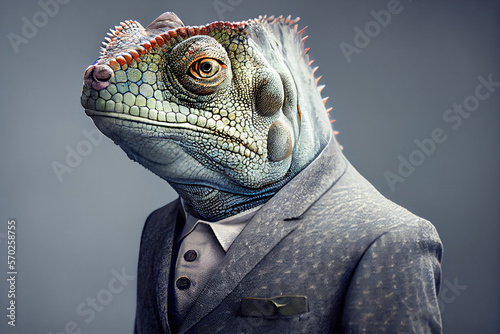 Portrait of a chameleon dressed in a business suit in a studio photo. Generative AI. 