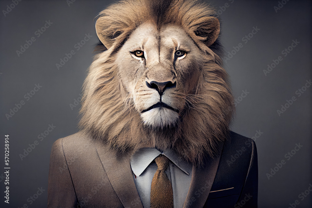 Portrait of a lion dressed in a business suit in a studio photo. Generative AI. Portrait of a lion dressed in a business suit in a studio photo. Generative AI.