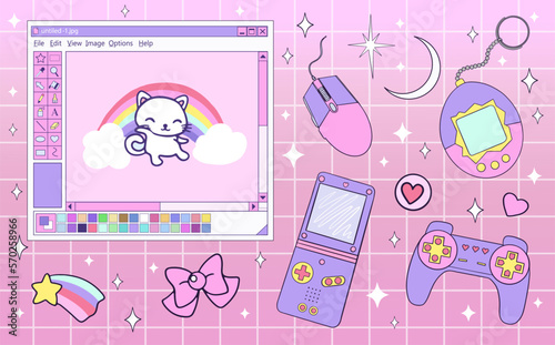 Kawaii elements set for Gamer Girl in 90s vaporwave style