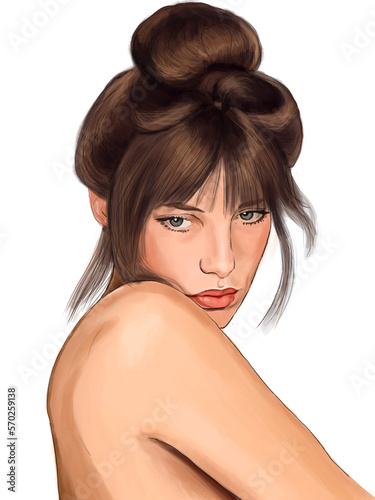 Pretty young girl with naked shoulder, healthy skin. Pensive beautiful woman with bare shoulders. Beauty portrait, art drawing illustration on white background for skincare cosmetics advertising.